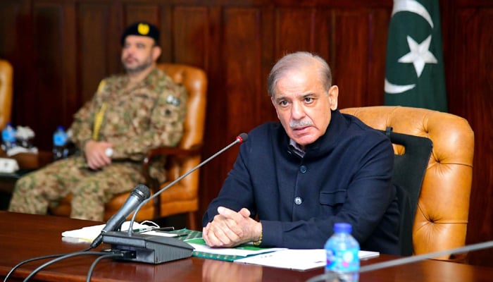 Prime Minister Shehbaz Sharif chairs a meeting in Peshawar on March 6, 2024. — PID