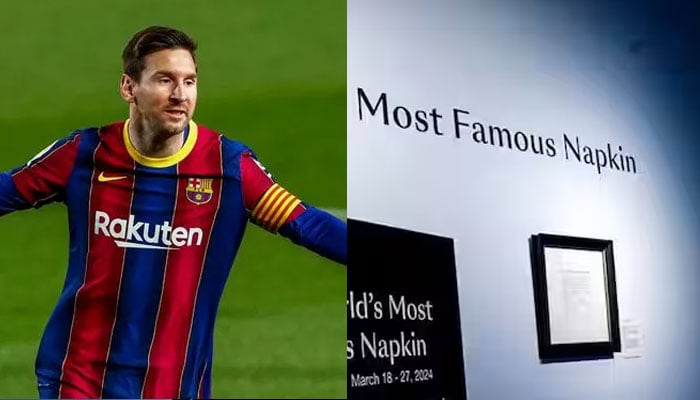 Lionel Messi (left) and his napkin that will go on auction (right). —Reuters/File