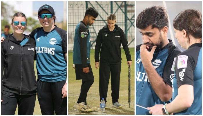 Bowling coaches Alex Hartley (left), and Catherine Dalton during the training session of Multan Sultans at Pakistan Super League (PSL) 9 in these undated photos. — Reporter