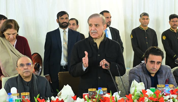 (Left to right) PPPs nominee for presidents slot Asif Ali Zardari, Prime Minister Shehbaz Sharif, and PPP Chairman Bilawal Bhutto-Zardari during a ceremony in Islamabad, on March 7, 2024. — PMs Office