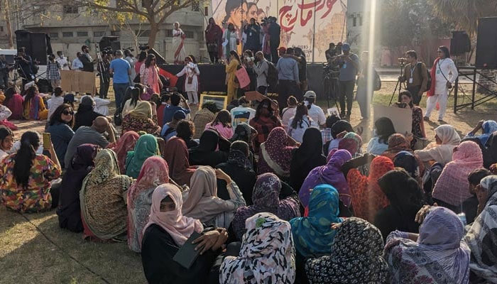 Women can be sitting on the ground for the Aurat March. — Geo.tv/File