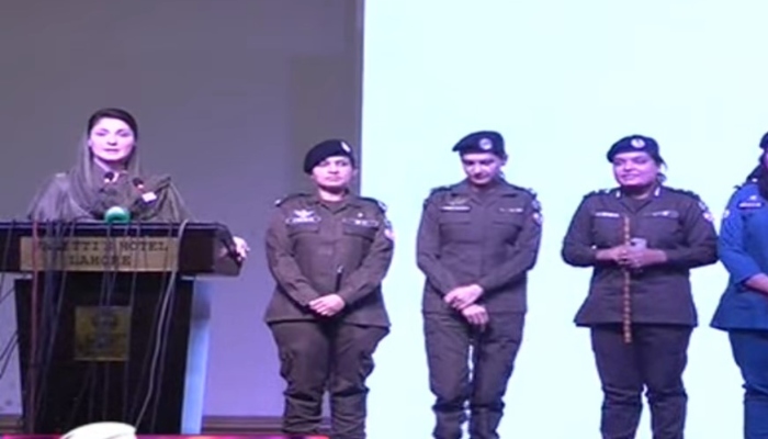 Punjab Chief Minister Maryam Nawaz is addressing an event related to International Womens Day in Lahore on March 8, 2024, in this still taken from a video. — YouTube/Geo News