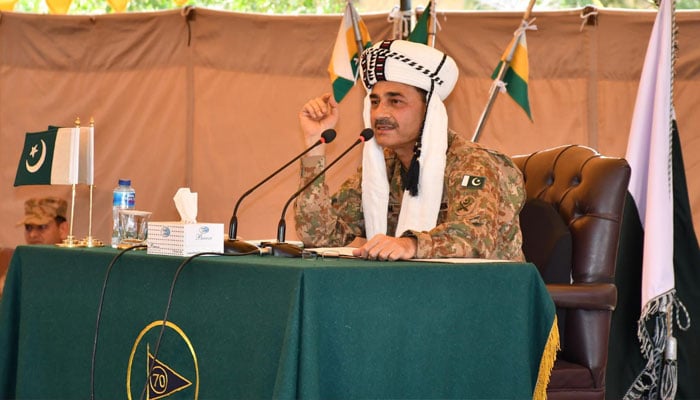 Chief of Army Staff (COAS) General Asim Munir speaking during his visit to the Awaran district of Balochistan on March 8, 2024. — ISPR