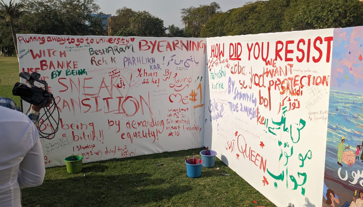 A wall of resistance in Aurat March at Frere Hall Karachi on March 8, 2024. — Author