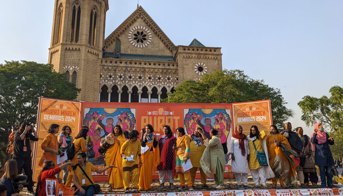 Organisers of Aurat March 2024 on stage at the Frere Hall in Karachi, on March 8, 2024. — Author