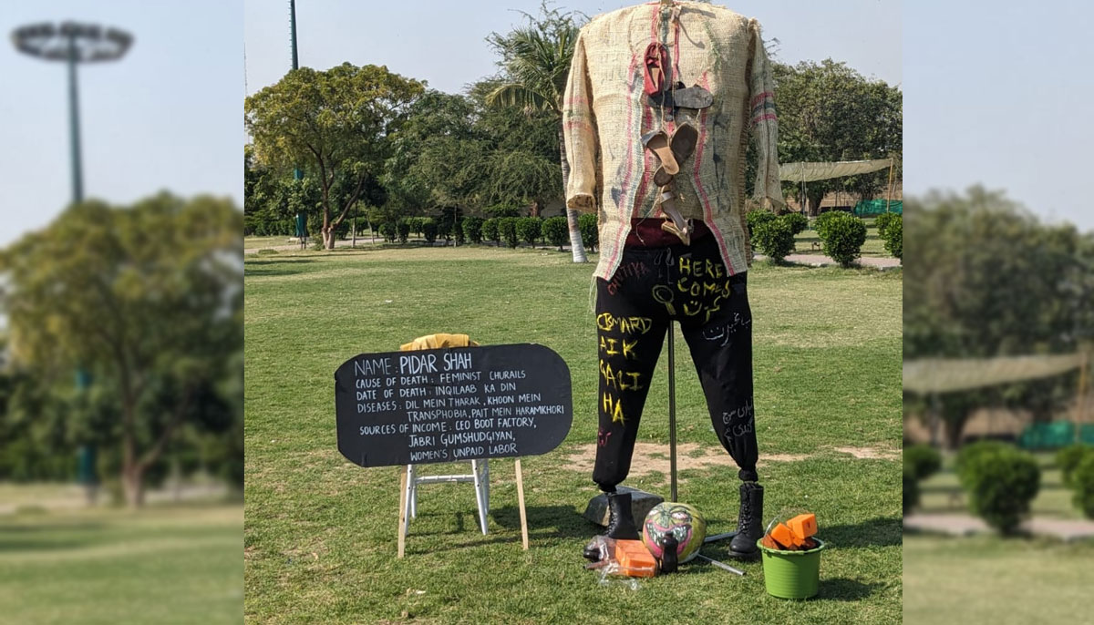 A symbolic statue of patriarchy in Aurat March at Frere Hall Karachi on March 8, 2024. — Author