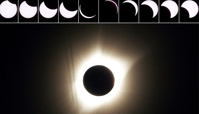 ]A combination of ten pictures shows the progression of a partial solar eclipse near as a jet plane flies by the total solar eclipse in Guernsey, Wyoming U.S., August 21, 2017. —Reuters