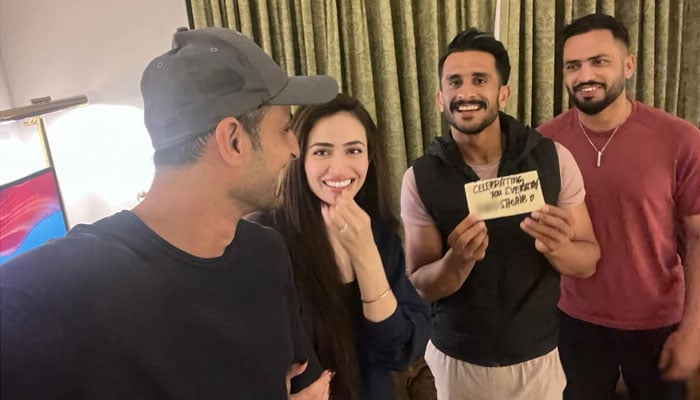 (From left) Shoaib Malik, Sana Javed, Hasan Ali and Mohammad Nawaz. — Instagram/sanajaved.official