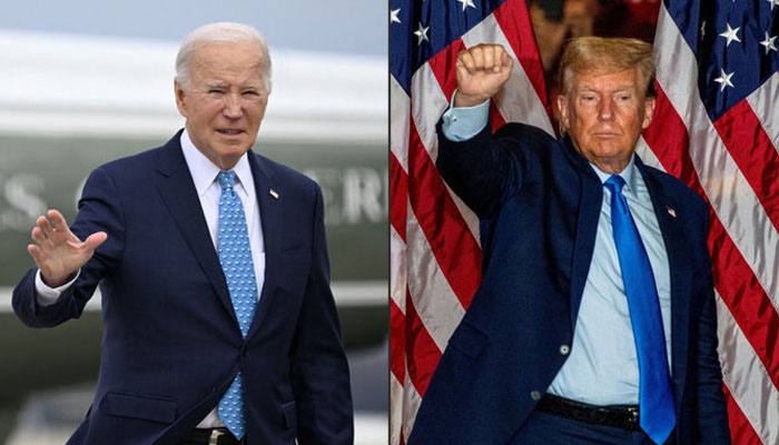 Joe Biden and Donald Trump gesture during separate gatherings. — AFP/File