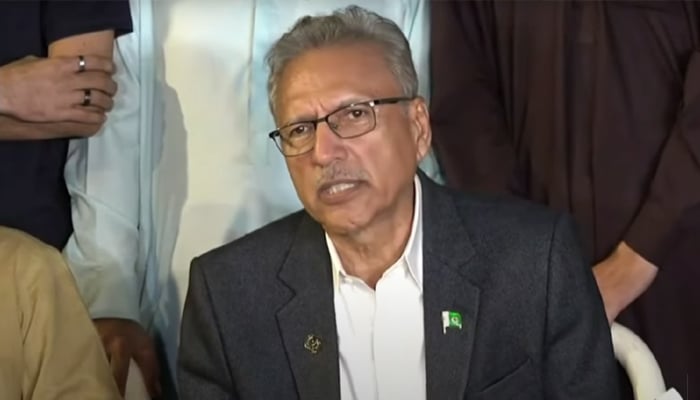 Former president Dr Arif Alvi speaks to journalists in Karachi on March 10, 2024, in this screengrab taken from a video. — Geo News