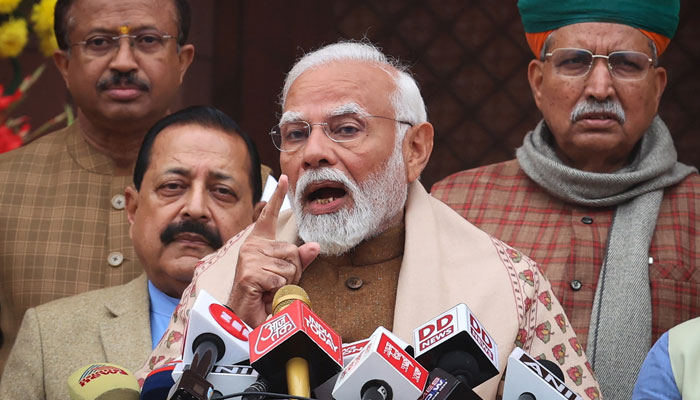 Indias Prime Minister Narendra Modi speaks with the media inside the parliament premises upon his arrival on the first day of the budget session in New Delhi, India, January 31, 2024. —Reuters