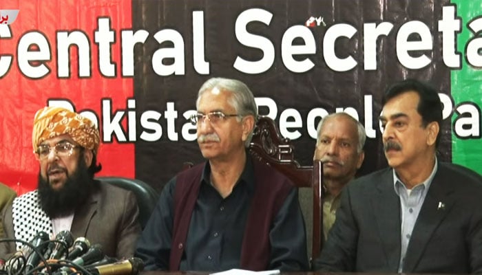 (From left to right) JUI-F leader Maulana Abdul Ghafoor Haideri, PPPs Nayyar Hussain Bukhari and Yusuf Raza Gilani address a press conference in Islamabad on March 12, 2024 in this still taken from a video. — Geo News