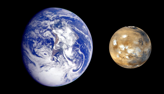 A representational image shows Earth (L) and Mars in space. — Nasa