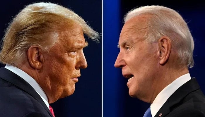 This combination of pictures created on October 22, 2020, shows then-US president Donald Trump (left) and then-Democratic presidential candidate Joe Biden during their final campaign debate in Nashville, Tennessee on the same date. — AFP