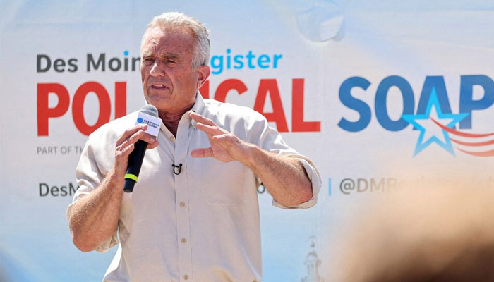 Presidential candidate Robert F Kennedy Jr delivers his political speech at the Iowa State Fair in Des Moines, Iowa, US August 12, 2023. — Reuters