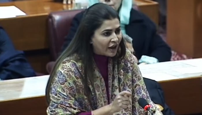 PPPs Shazia Marri addressing the National Assembly on March 13, 2024, in this still taken from a video. — YouTubbe/PTVParliament
