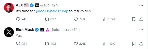 Elon Musk responds if Donald Trump is coming back on X