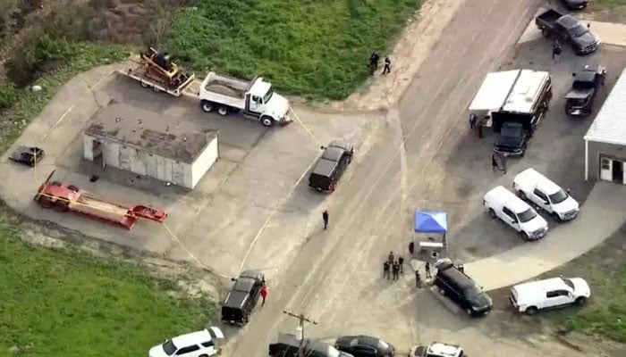 This screengrab of a video shows an aerial view of Federal Bureau of Investigations (FBI) training facility in Irvine, Orange County, California, US on March 13, 2024. — KTLA5