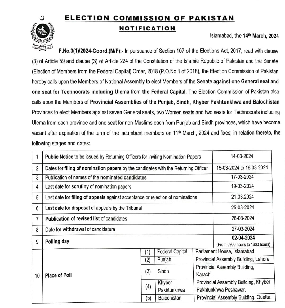 ECPs schedule of Senate elections. — Reporter