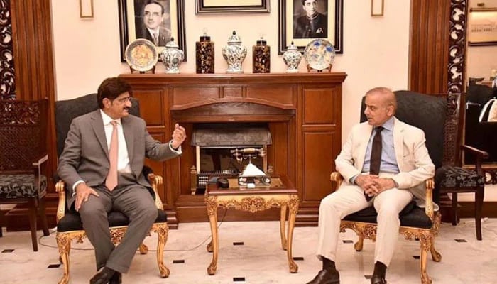 Sindh Chief Minister Syed Murad Ali Shah (left) and Prime Minister Shehbaz Sharif during a meeting in this undated photo. — APP