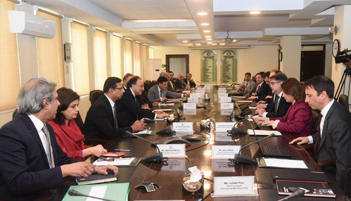 Finance Minister Muhammad Aurangzeb leads Pakistan delegation in talks with visiting IMF team headed by Mission Chief Nathan Porter on March 14, 2024. — Finance ministry