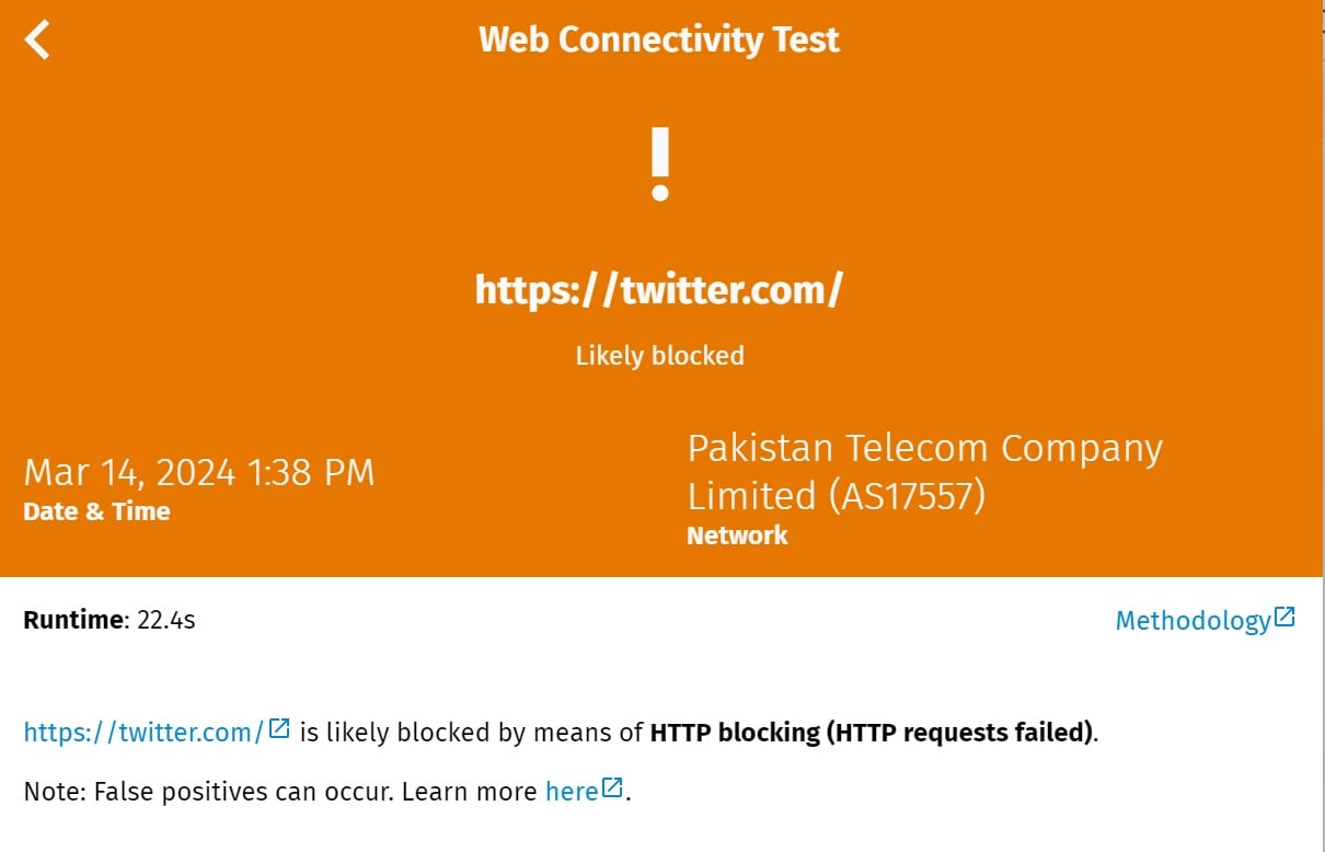 A web connectivity test conducted by B4A on March 14 shows that X (Twitter) is blocked in the country.