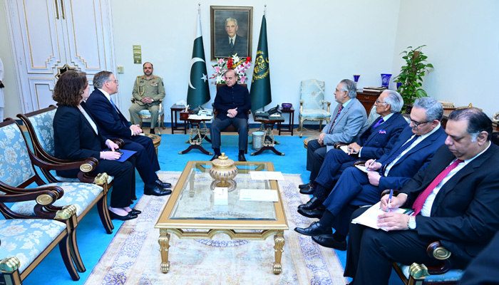 US Ambassador to Pakistan Donald Blome (second left) calls on Prime Minister Muhammad Shehbaz Sharif in Islamabad on 15 March 2024. — PMO