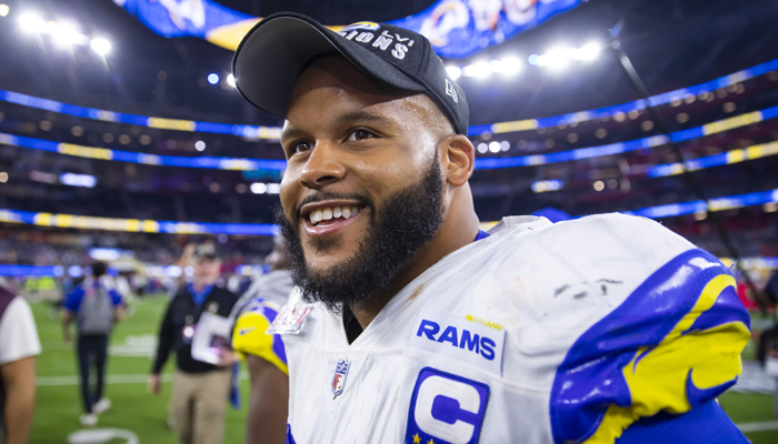 Los Angeles Rams defensive tackle Aaron Donald (99) celebrates after defeating the Cincinnati Bengals during Super Bowl LVI at SoFi Stadium. — Reuters/Mark J. Rebilas-USA TODAY Sports