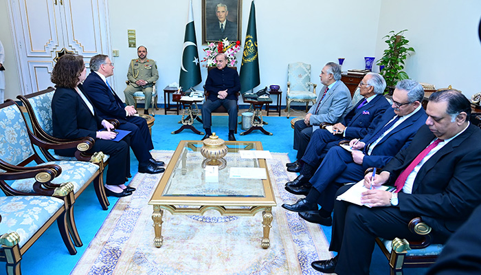 US Ambassador to Pakistan Donald Blome (second left) calls on Prime Minister Muhammad Shehbaz Sharif in Islamabad on 15 March 2024. — PMO