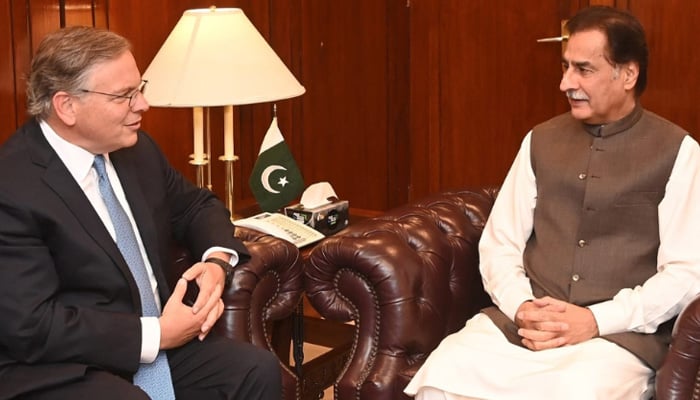 US Ambassador to Pakistan Donald Blome (left) meets National Assembly Speaker Sardar Ayaz Sadiq on March 16, 2024. — APP