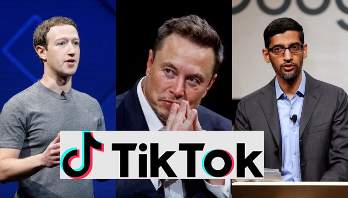 The TikTok logo displayed over a combination of images showing (left to right) Meta CEO Mark Zuckerberg, X owner Elon Musk and Google CEO Sundar Pichai. — Reuters/Files