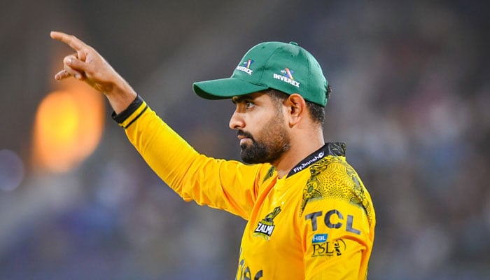 Peshawar Zalmi skipper Babar Azam gestures during the PSL match against Islamabad United on March 16, 2024. — X/@thePSLt20