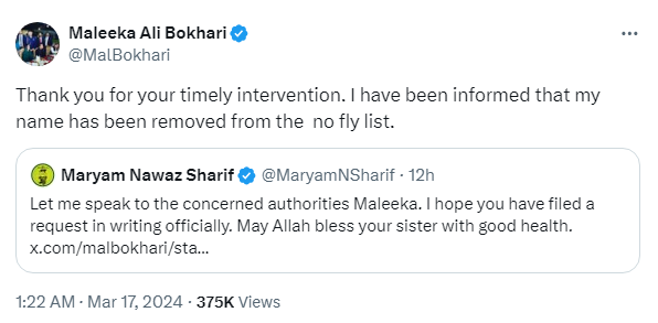 The picture shows screenshot of Maleeka Bokharis tweet. — X/@MalBokhari