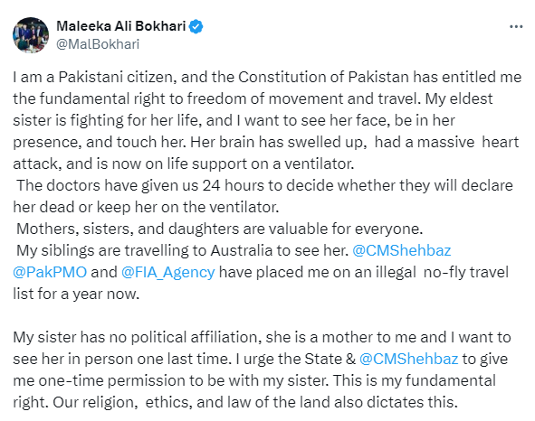 The picture shows screenshot of Maleeka Bokharis tweet. — X/@MalBokhari