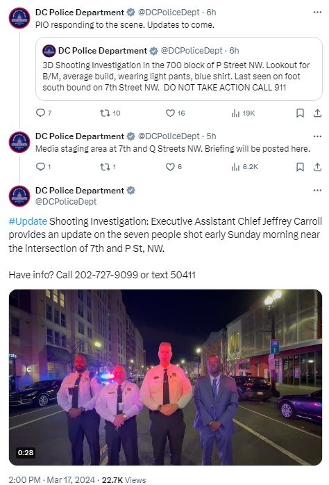 This screenshot taken from X shows Metropolitan Police Executive Assistant Chief Jeffrey Carroll (c) speaking with the citizens through the X platform on March 17, 2024. — X/@DCPoliceDept