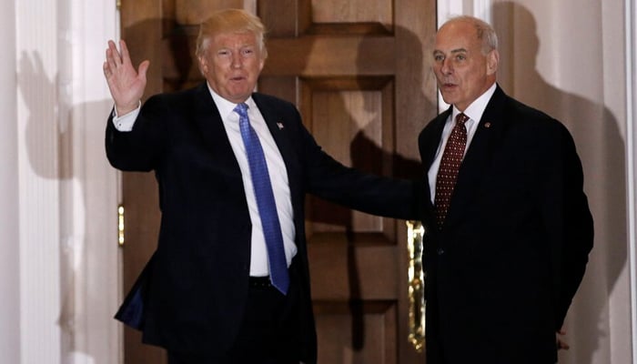 Former president Donald Trump appears with retired Marine Corps General John Kelly outside the main clubhouse after their meeting at Trump National Golf Club in Bedminster, New Jersey, November 20, 2016. — Reuters