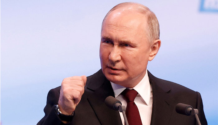 Russian presidential candidate and incumbent President Vladimir Putin speaks after polling stations closed, in Moscow, Russia, March 18, 2024. — Reuters