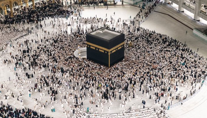 Pilgrims seen circumferencing the Holy Kaaba in the Grand Mosque of Makkah on March 12, 2024. — X/insharifain