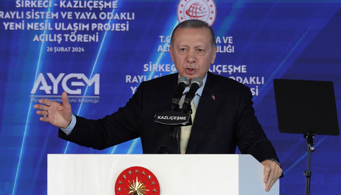Turkish President Tayyip Erdogan speaks during an opening ceremony for a rail project in Istanbul, Turkey February 26, 2024. — Reuters