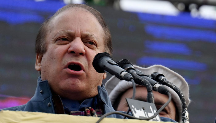 PML-N supremo Nawaz Sharif addresses the gathering during an election campaign rally at Mansehra in Khyber Pakhtunkhwa province on January 22, 2024. — AFP