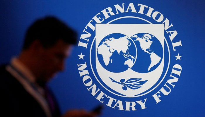 A person uses his cellphone in front of the IMF logo in this undated picture. — Reuters/File