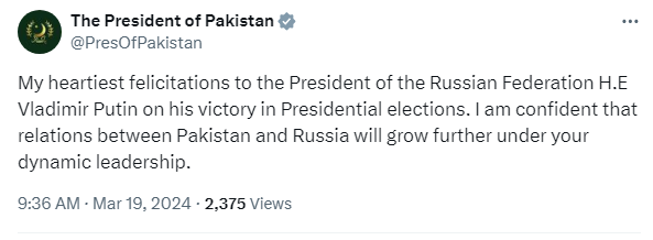 President Zardari congratulates Russias Putin on election victory