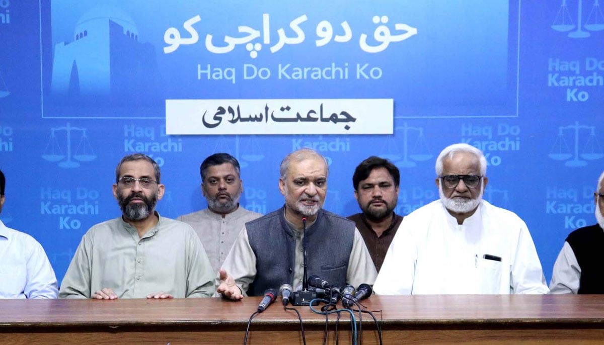 Jamaat-e-Islami (JI) Karachi Chief, Hafiz Naeem-ur-Rehman addresses to media persons during press conference, at Idara-e-Noor-ul-Haq in Karachi on Monday, February 12, 2024. — PPI