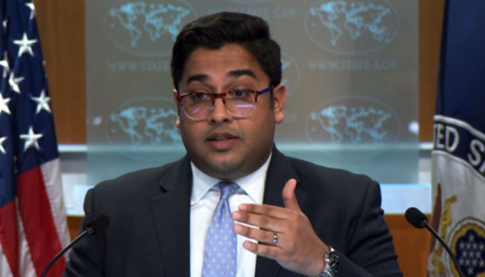 US State Departments Principal Deputy Spokesperson Vedant Patel gestures as he addresses media during a press briefing in Washington on March 19, 2024, in this still taken from a video. — US State Department/Website