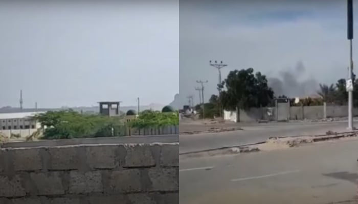 Smoke rises after firing, and explosions following outlawed BLA attack on Gwadar Port Authority (GPA) Complex in these stills taken from a video. — Geo News