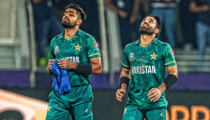 Pakistani batters Babar Azam (left) and Mohammad Rizwan react during a match in this undated image. — AFP/File