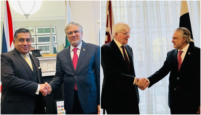Foreign Minister Ishaq Dar shakes hand with UK Minister of State for South Asia and Commonwealth Lord Tariq Ahmad, and UK Minister of State for Development Andrew Mitchell. — Reporter