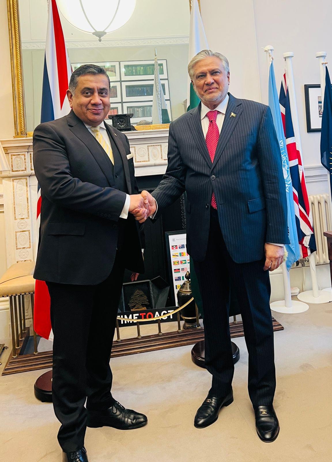 Foreign Minister Mohammad Ishaq Dar (right) with Lord Tariq. — Reporter