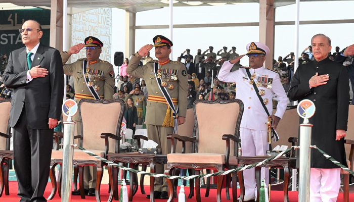 President Asif Ali Zadari, PM Shehbaz Sharif and chairman joint chiefs of committee along with services chiefs attend Pakistan Day Parade in Islamabad on March 23, 2024. — PID