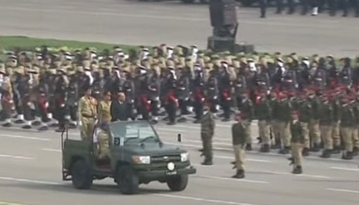 President Asif Zardari observes the military parade on March 23, 2024, in this still taken from a video. — Screengrab/YouTube/Geo News Live